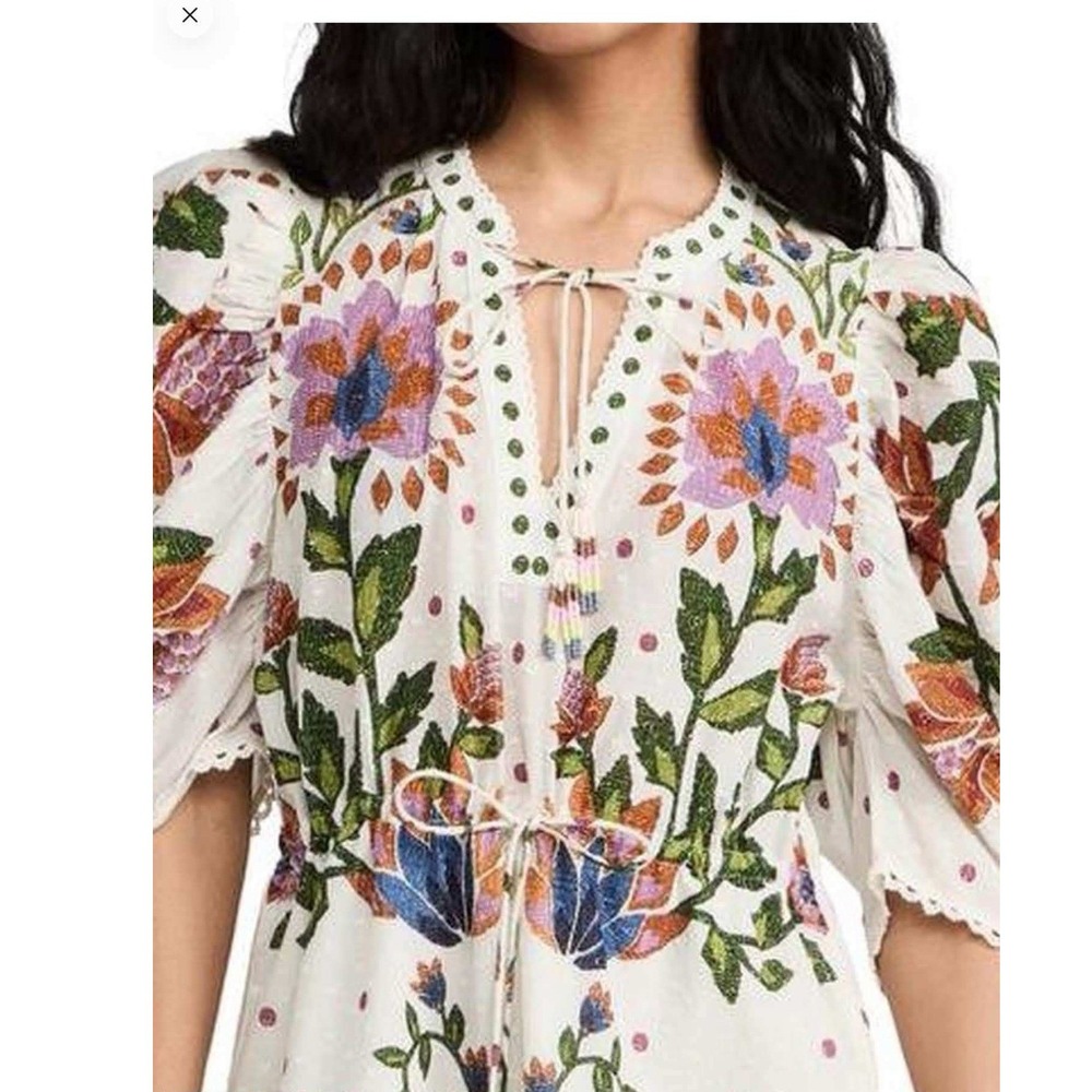 Farm Rio Puffed Sleeve Mini Dress Beaded Ties Summer Garden Sand Size Large